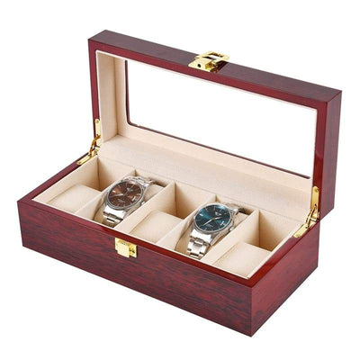 RED WOOD WATCH BOX <br/> 5 SLOTS