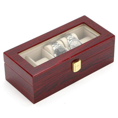 RED WOOD WATCH BOX <br/> 5 SLOTS