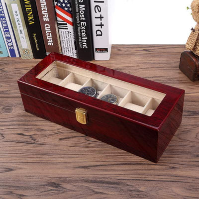 RED WOOD WATCH BOX <br/> 6 SLOTS